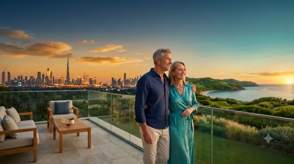 UAE expat couple looking out over a Dubai and home-country horizon at golden hour — best countries to retire in 2026