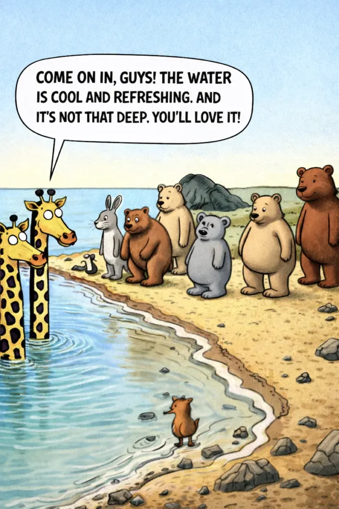 Giraffes standing in neck deep water and inviting others ino the lake assuming it is not so deep. Common investment mistake - 3 - Following Unqualified Financial Advice