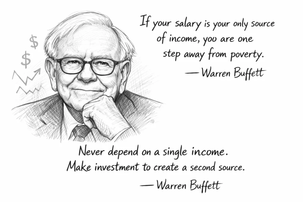 A pencil sketh of Warren Buffet with two of his powerful quotes on passive income - Never depend on a single income. Make investment to create a second source.” "If your salary is your only source of income, you are one step away from poverty."