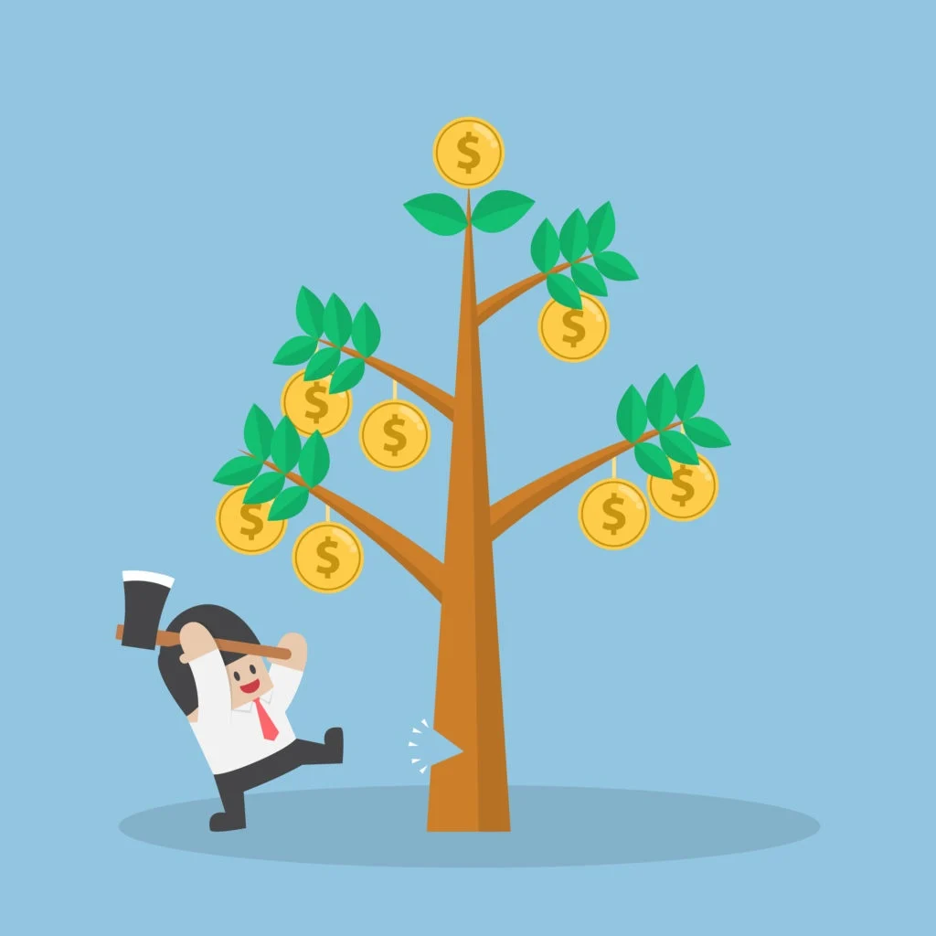 Common Investment mistake - 2 Impatience and Short-Term Thinking. A person cutting down money tree in impatience.