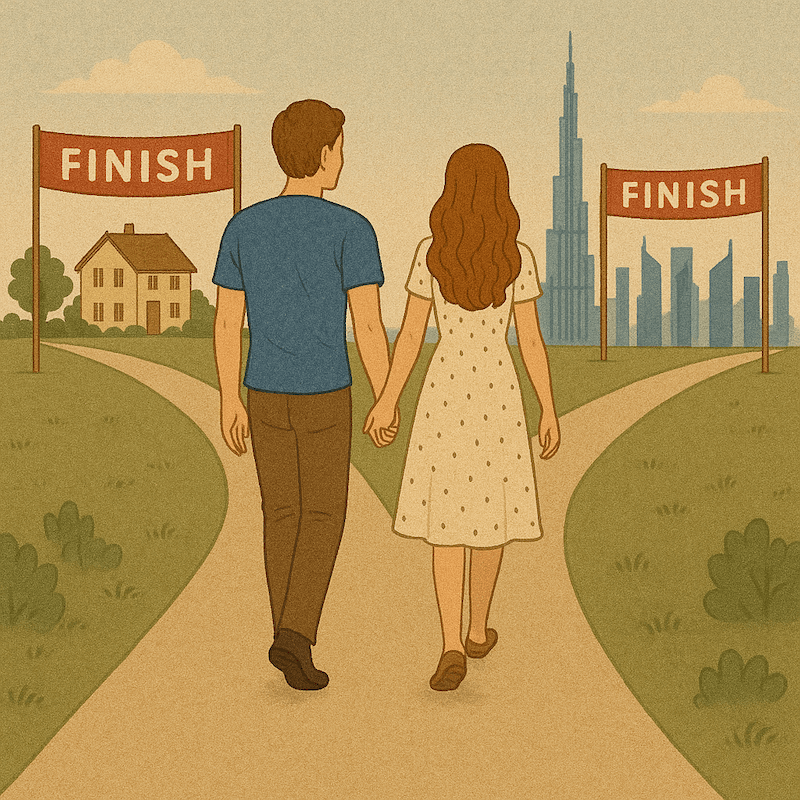 Financial Advice for Couples in UAE: _ Rule No 1 - 1. Define Your Financial Goals as a Couple - Picture showing a couple unknowingly walking towards different destinations.