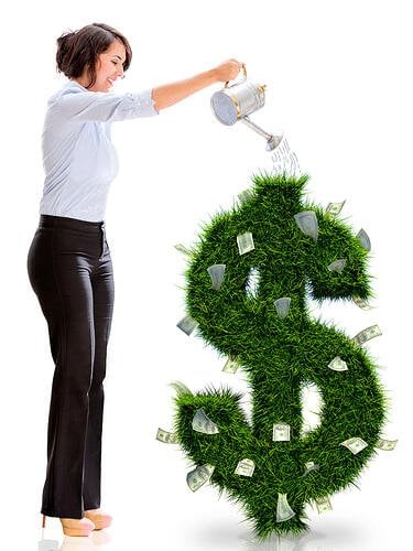 Image of a Lady watering a US Dollar symbol shaped money tree - to depict the idea of investing in Mutual Funds in UAE to grow wealth and achieve financial goals.