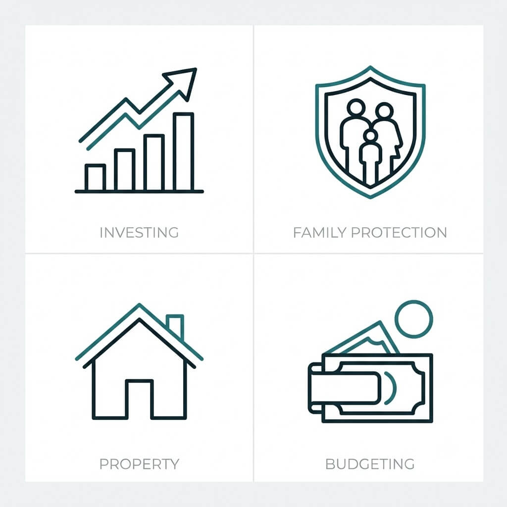 Free Financial Calculators for UAE Residents - A clean flat vector illustration of four simple financial goal icons arranged in a 2x2 grid: an upward growth arrow for investing, a shield for family protection, a house for property, and a wallet or sttack of currency with a money clip for budgeting. Minimal line-icon style, single teal accent colour on white background. Balanced, professional, plenty of whitespace. Square format, high resolution.