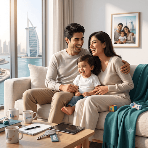 Life Insurance Calculator - A photorealistic square image representing life insurance and family protection. A young family together in a bright modern home, warm and reassuring mood. A protective, secure feeling. Soft natural lighting, neutral background with subtle teal accents. Clean, professional, minimal clutter. Square format 500x500, high resolution.