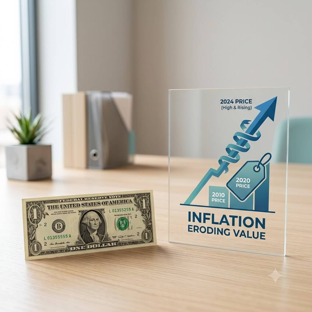 Inflation Calculator UAE - A photorealistic square image representing inflation eroding money's value. A single US dollar note beside a rising price tag or upward-climbing arrow, showing prices going up while the money stays flat. Bright natural lighting, soft neutral background with subtle teal accents. Clean, professional, minimal clutter. Square format 500x500, high resolution.