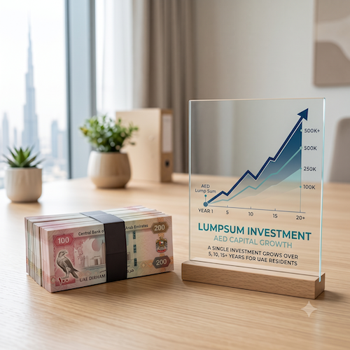 Lumpsum Investment Calculator - A photorealistic square image representing a lumpsum investment in AED for UAE residents. A single large stack of AED dirham notes or a fixed pile of coins beside an upward growth chart, showing one-time capital growing over time. Bright natural lighting, soft neutral background with subtle teal accents. Clean, professional, minimal clutter. Square format 500x500, high resolution.