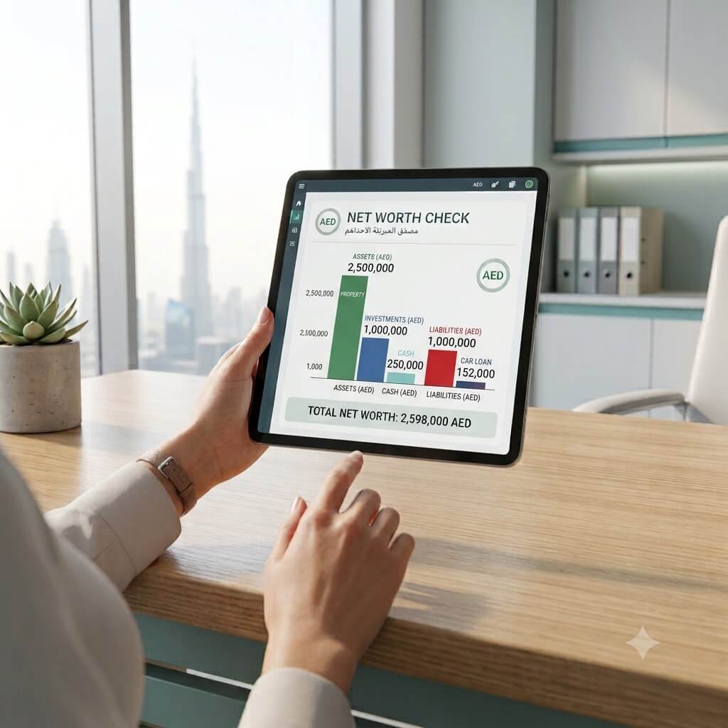 Networth Calculator - A photorealistic square image representing a personal net worth check. A person reviewing a balance sheet or financial dashboard on a tablet, with assets and liabilities visible as simple bars or figures. AED dirham context. Bright natural lighting, soft neutral background with subtle teal accents. Clean, professional, minimal clutter. Square format 500x500, high resolution.