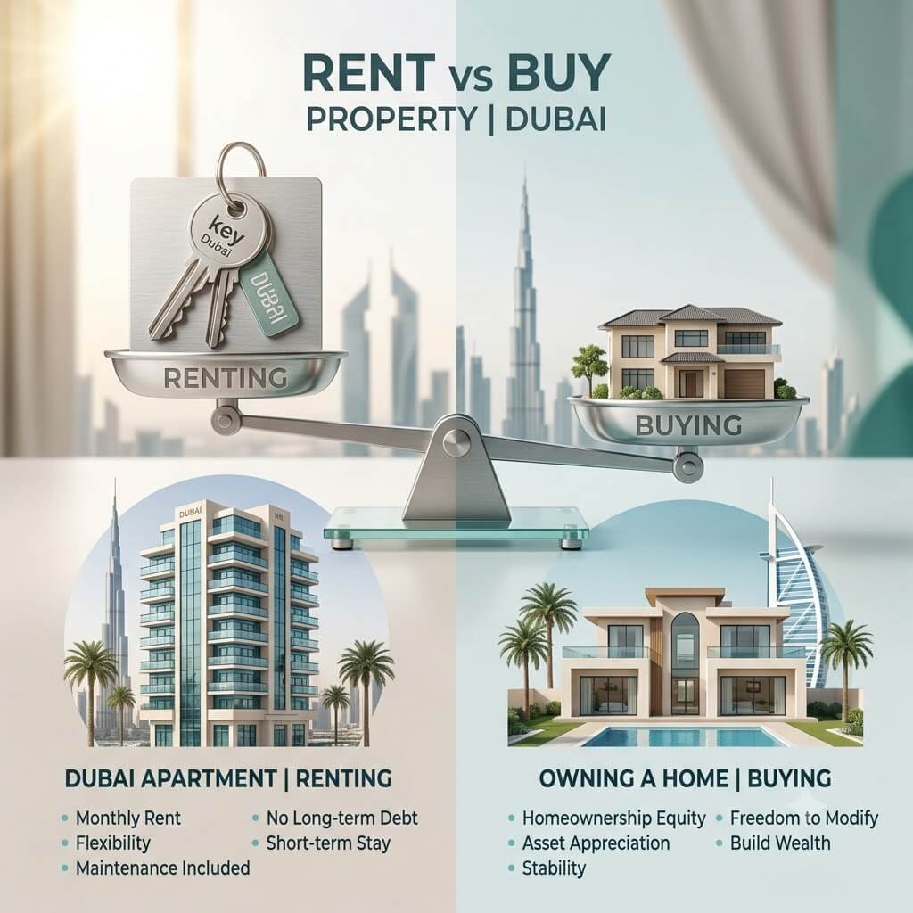 Rent vs Buy Calculator- A photorealistic square image comparing renting versus buying property in Dubai. A modern apartment building on one side and a residential villa on the other, split composition. Bright natural lighting, soft neutral background with subtle teal accents. Clean, professional, minimal clutter. Square format 500x500, high resolution.