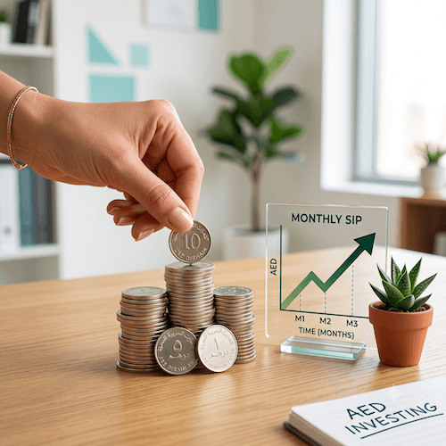 SIP Calculator in AED for UAE residents - A photorealistic square image representing monthly SIP investing in AED for UAE residents. A hand placing AED dirham coins into a growing stack beside a small upward growth chart, or coins growing into plant shoots symbolising steady growth. Bright natural lighting, soft neutral background with subtle teal accents. Clean, professional, minimal clutter. Square format 500x500, high resolution.
