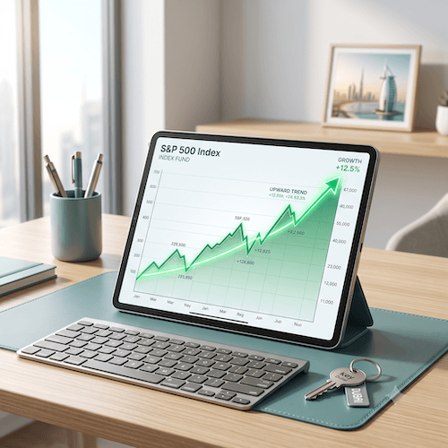 S&P 500 Investment Calculator - A photorealistic square image representing S&P 500 investing. A laptop or tablet screen showing a rising stock market chart with an upward green trend line. Modern desk setting, bright natural lighting, soft neutral background with subtle teal accents. Clean, professional, minimal clutter. Square format 500x500, high resolution.