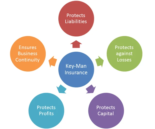 Infographic listing the benefits of Keyman Insurance for UAE businesses: business continuity, loan cover, partner buyout, investor confidence and succession funding