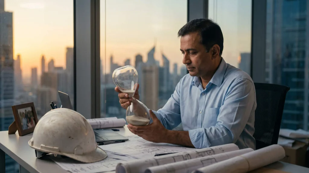 Engineer in a Dubai office holding an hourglass with the sand almost run out, showing how quickly a UAE gratuity runs out in retirement